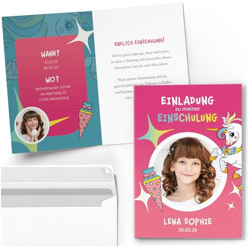 10 Einladungskarten Einschulung mit Foto und Text personalisiert mit Umschlägen Motiv Rosa Einhorn Mädchen Einladung