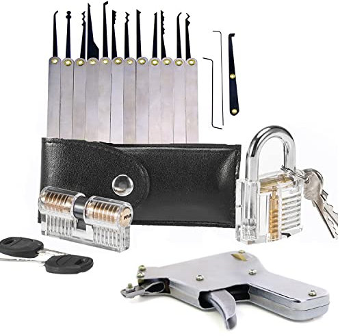 2 cerraduras transparentes con 15 ganchos de ganzúa, 1 herramienta de apertura de pistola de cerrajero, kit de entrenamiento para principiantes (plateado)