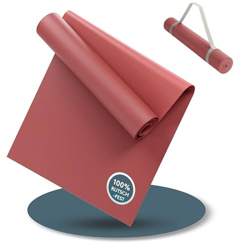 LILENO SPORTS Yogamatte Bordeaux (180 x 60 cm) mit Tragegurt, Sport- und Yogamatte extra rutschfest in 4 mm Dicke, Gymnastik- und Fitnessmatte für Training u