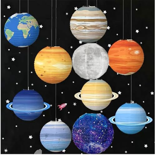 JUTSTJUKO Papierlaternen zum Aufhängen, Planetenlaternen, Sonnensystem, Planet, Erde, Laternen für Weltraum, Mottoparty, Geburtstagsdekorationen, 10 Stück