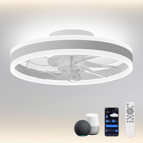 CHANFOK 16'' Smart Ceiling Fans with Lights Compatible with Alexa and Google Assistant, Low Profile Ceiling Fan with Light and Remote, APP Control, 6-Speed Reversible Blades for Bedroom (White)