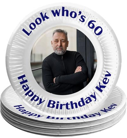 Bang Tidy Clothing 60th Birthday Party Plates Personalised with Photo & Name, Happy 60th Birthday Disposable Paper Party Plates 25