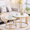 Ginhow Couchtisch Marmor Optik | Couchtisch 2er Set | ø 70 + 50 Groß Satztisch| MDF Sofatisch | Weiß Marmoroptik und 7+4 vertikale Stangenstruktur Goldener Stahl Gestell