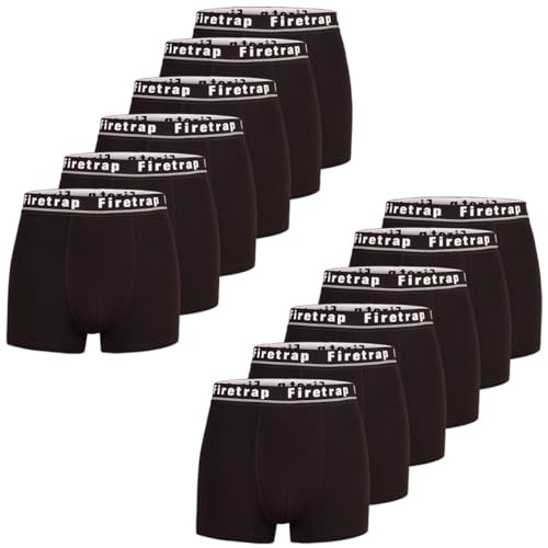 Firetrap Mens 12 Pack Designer Boxer Shorts, Underwear Gift Set Trunks Comfortable Stretch Cotton Plain Colours Mens Briefs All Black L