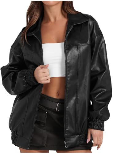 Yolimok Leather Jacket for Women UK Sale,Faux Leather Oversized Coats with Pockets Women's Waterproof Jacket Long Sleeves Zip Up Motorcycle Bomber Jackets Y2k Tops Outfits Winter Coat Clothes