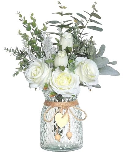 Artificial Flowers In Vase, 14.5x11 Inch Lifelike Roses Decorative Artificial Flowers, Silk Flowers with Green Leaves, Fake Decorative Flowers in Vase for Home Kitchen Office Table Centerpiece, White