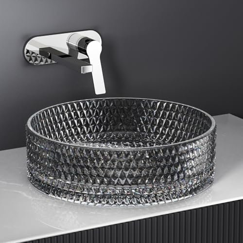 EMKE Aufsatzwaschbecken Glaswaschbecken Rund, Waschbecken Glas Transparent Schwarz, 36 x 36 x 11,2 cm, Hochwertiges Handwaschbecken für Badezimmer & Gäste-WC, Waschschale ohne Hahnloch