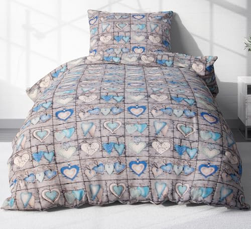 2-teilige Seersucker Bettwäsche 135x200cm und 80x80cm - Love Liebe Herzen Landhaus in blau und grau - Bettgarnitur aus 100% Baumwolle, bügelfrei (EW-358/2)