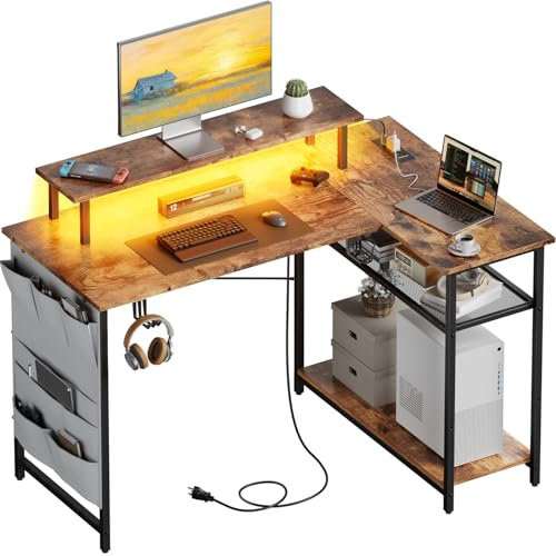 HLFURNIEU Bureau d'angle avec Rangement, 110 x 80 cm Table Gaming avec Prise Intégrée & Ports USB, Bureau en L avec LED, Table Ordinateur avec Support de Moniteur, Marron Vintage