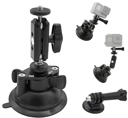 Double Layer Suction Cup Mount with Double Ball Head Magic Arm, 1/4 Screw 360° Rotating Camera Mount Compatible with GoPro Hero, Insta360 X3, DJI Osmo, Action Camera, Phones for Car Windshield