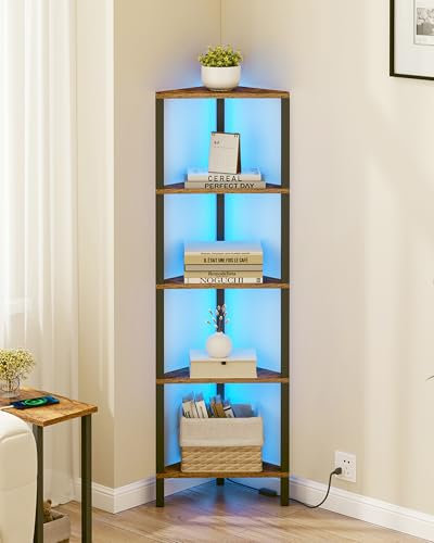 TUTOTAK Corner Shelf with LED Light, 5-Tier Corner Bookshelf for Small Space, Narrow Display Corner Shelf Stand with Storage Rack, for Living Room, bedroom, Rustic Brown BS05BB005LEU