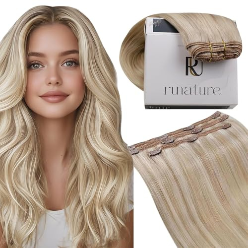 RUNATURE Extensions Echthaar Clip Blond 40cm Aschblond Highlight Platinblond Haarverlängerung 3 Stück 50g Echte Haare #18P60