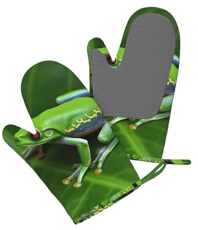 Animal Frog Leaves Printed Silicone Oven Mitts Set of 2 Pcs Heat Resistant Kitchen Silicone Gloves for Cooking Baking Grilling