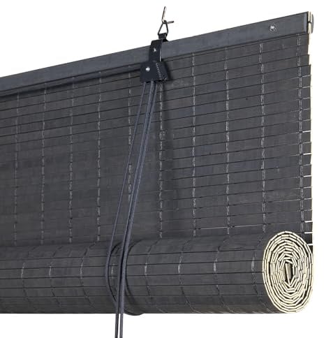 Store Bambou Intérieur Lames 8 mm STORESDECO Store Enrouleur Naturel Style Persienne pour Fenêtres et Portes Intimité Protection Solaire Finition Mate Gris 90x175 cm (Largeur x Hauteur)