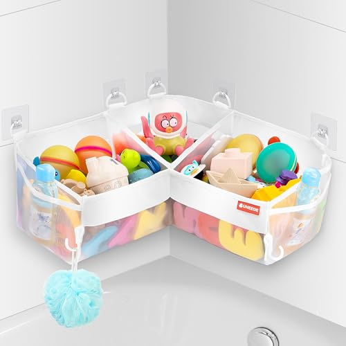 UNEEDE Bath Toy Storage - 3 Compartment Corner Bath Toy Storage Organizer | 4 Gallons Quick-Drying Bath Toy Holder, Machine-Washable Bathtub Toy Storage for Classify Toys & Bath Supplies