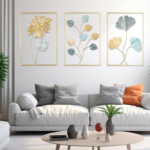 MeYuxg 3 Stück Gold Wanddeko Metall Wohnzimmer, 30x43cm Metallbilder Wanddeko, Blatt Wandbild mit Rahmen Ginkgo und Bodhi-Blättern, Bananenblätter, Moderne Heimde Metall für Schlafzimmer, Küche, Büro