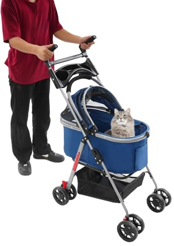 HUOMMGS Hundewagen Faltbarer Hundebuggy Bis 12KG Katzenwagen mit 2 Universalräder, 2 Rad mit Bremsen 101-109cm Höhenverstellbar Haustierwagen Hunde Wagen für Parks, Tägliche Ausflüge (Dunkelblau)
