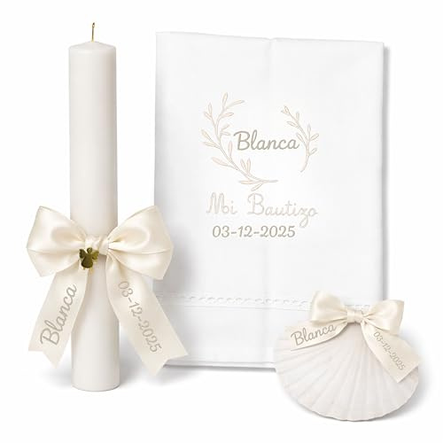 Kit de Bautizo Personalizado | Vela Artesanal con Lazo, Pañuelo Bordado y Concha Bautismal | Pack Premium con Vela Bautismo,Toalla de Bautismo Bordada, Concha Marina | El Recuerdo Perfecto (Beige)