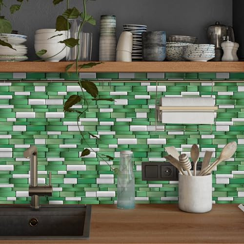 Mosaikfliesen Ziegel Grün Beige Klebefliesen Küche Wasserdicht PVC Fliesensticker Selbstklebende Klebefolie Fliesen Dekorative Fliesenaufkleber Bad 24.6x12cm/48 Stück