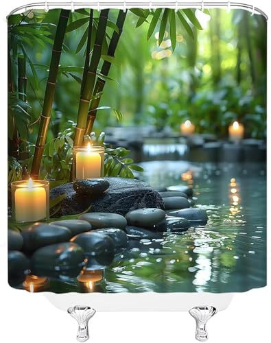 AJALGZ Rideau de Douche Zen Spa, Motif Pierre de Bambou et Reflets dans l'eau, Rideau de Douche en Tissu à décor Naturel avec Crochets (80 x 190 cm/Lavable)