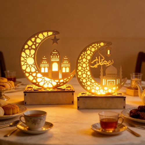 Weciau Ramadan Deko Lampe, 2 Stück Holz Ramadan Deko, Eid Mubarak Dekoration, LED Ramadan Deko Tisch, Festival Licht Mond Sterne Vorhang Lichter Für Partys, Zu Hause Und Als Geschenk