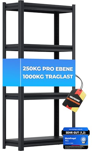ALL Premium Metallregal Schwarz mit Schwerlastregal Metallböden 150x75x30cm - 1000kg Traglast 100% Kaltgewaltzer Stahl - schwerlastregal 30 cm tief, lagerregal Metall, Regal schwarz Metall Regal