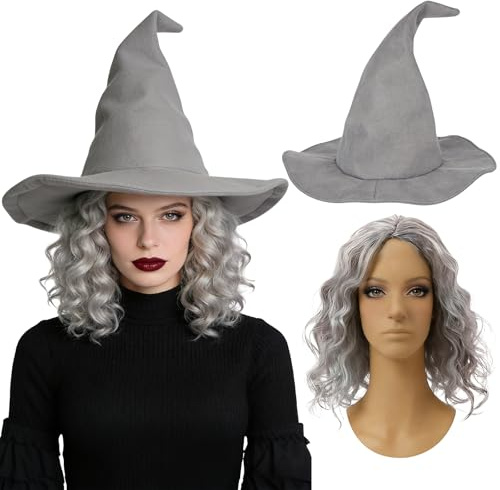 Zauberer Hexenhut mit Damen Perücke Fasching - Grau Hexe Hut mit Lang Perücke für Erwachsene, Zauberer Kostüm Damen Lustig für Opa Magier Prophet Wikinger Alter Hexe Cospaly für Karneval Fasching