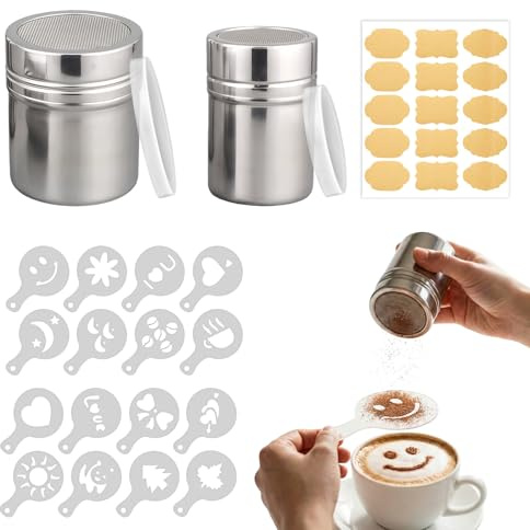 2 Stück Kakaostreuer mit Deckel,16 Cappuccino Schablonen 10 Aufkleber | Puderzucker- und Mehlstreuer für Kaffee, Cappuccino und Backarbeiten