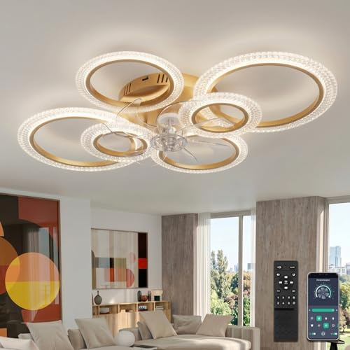 YUNLONG LED Deckenventilator mit Beleuchtung, 88x68x15 cm Ultraflach, 40W 6000lm Dimmbar (App/Fernbedienung), Leiser DC-Motor (Sommer/Winter), Schlafzimmer & Wohnzimmer Deckenleuchte, Gold