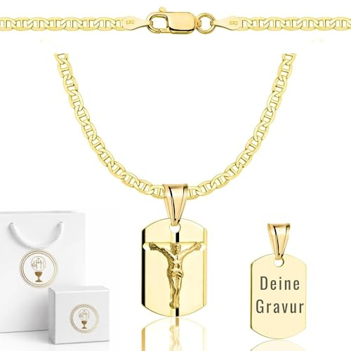 ZELYA Gold kette mit Kreuz/Medaillon- vergoldete 925/585 14K Panzerkette für Mädchen & Jungen – 45-60 cm Kommunionkette mit Kreuz, Kinderkette zur Kommunion & Taufe, Geschenkbox mit Gravur