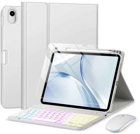 drivego Tastatur Hülle mit Maus for iPad A16 11/10 Generation & Schutzfolie | (11/10.9 Zoll, 2025/2022), Bluetooth Magnetisch Beleuchtete Tastatur, Hülle mit Panzerglas for iPad 11. 10. Gen, Hell Grau