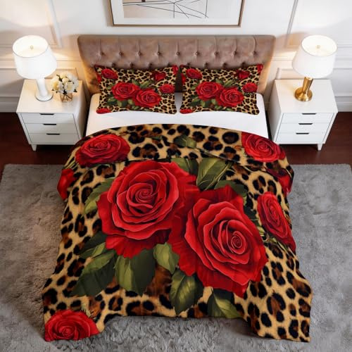 Bettdecke 200 x 200 cm Ganzjahresdecke 4 Jahreszeiten, Leopardenmuster Rote Rose Bettdecke ohne Bezug 400 GSM Wende Steppdecke Atmungsaktiv Schlafdecke mit 2 Kissenbezug 80x80 cm, Rot