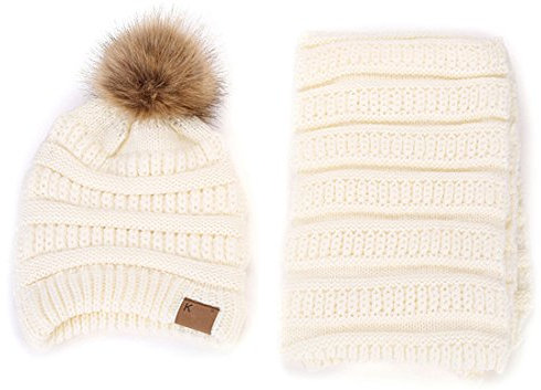 Kuyou Damen Winter Bommel Mütze Schal Frauen Strickmütze Lange Schal Set, Weiß, Einheitsgröße