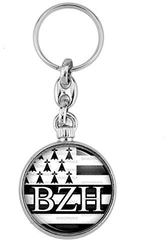 BADGMANIA Porte Clés Métal 2 faces Drapeau Breton Bretagne BZH Breizh Hermine Brezhoneg Noir Blanc Logo 33mm
