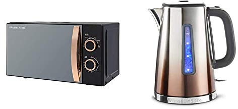 Russell Hobbs RHM1727RG RH1727RG Microwave, Steel, 700 W, 17 liters, Rose Gold & 25113 Eclipse Polished Stainless Steel and Copper Sunset Ombre Electric Kettle, 3000 W, 1.7 Litre