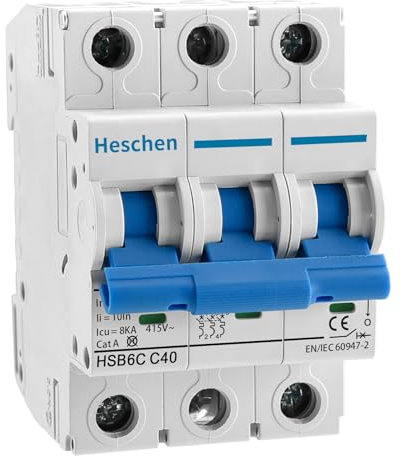 Heschen Miniatur-Leitungsschutzschalter HSB6C, 40 Ampere Strom, 3-polig, Typ C, 6 kA Schaltleistung, DIN-Schienenmontage