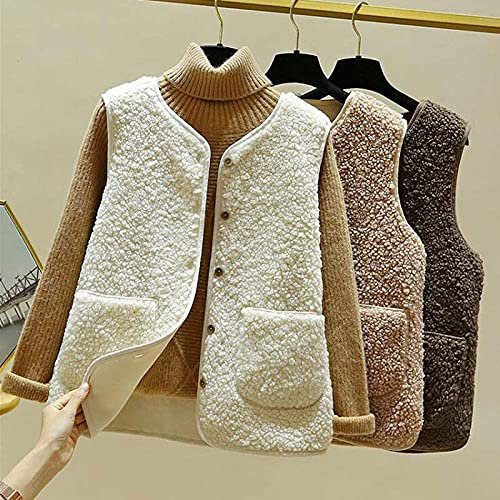 KEAIBAOBAO Damen Fleece-Weste - Damen Dickes Polarfleece Kurze Weste, Winter Teddy Fleece Weiche Thermoweste Jacke,Warme Taschen Ärmellose Weste Für Damen Winddichte Tops,Beige,Groß