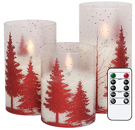 DRomance Candele in vetro senza fiamma a forma di albero di Natale, con timer e telecomando, funzionamento a batteria, stoppino 3D, LED tremolanti, decorazione natalizia (rosso, 7,6 x 10,4 cm)