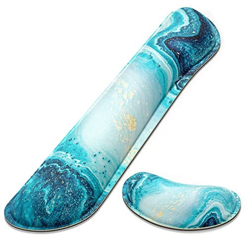 Dapesuom Vergrößerte Tastatur-Handgelenkauflage, Memory-Schaum-Maus-Handgelenkpolster Set, niedliche Handgelenkruhen für Schreibtisch Matten Unterstützung, Tastatur-Mauspad Resten, Ozeanblauer Marmor