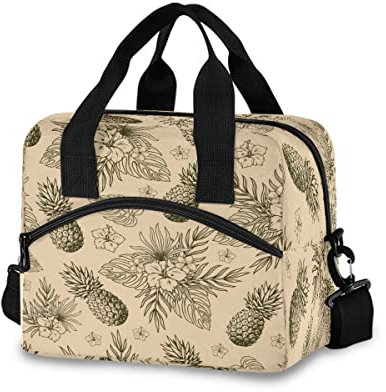 Bolsa de almuerzo para niños, frutas de piña, flores exóticas y hojas aisladas, lonchera de gran capacidad, organizador de almuerzo para niños y niñas