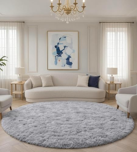 VOFUSHON Teppich Kinderzimmer Rund 120 cm Grau | Hochflor, Waschbar, OEKO-TEX Zertifiziert, 35D Rückprallschaum, Schlafzimmer, Rutschfeste Unterseite, Flauschig