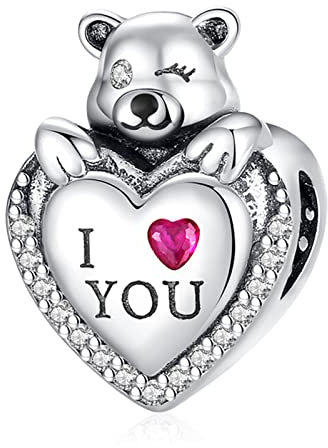 Annmors Charm 925 Sterling Silber Bead Charms Cute Bear I Love You with Cubic Zirconia für Europäische Armbänder und Halskette,Schmuck Geschenk für Damen Herren