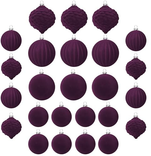 KI Store Magenta Purple Velvet Christmas Baubles 25pcs Shatterproof Flocked Christmas Tree Ornaments 80mm 60mm Assorted for Xmas Tree Decorations