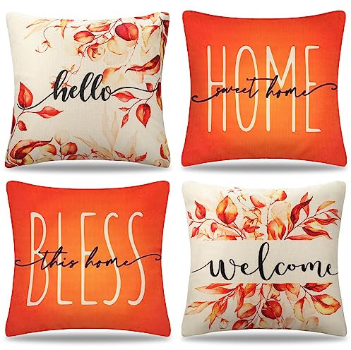 Kissenbezug Frühling Sommer Herbst Orange Blätter Kissenhülle Deko Outdoor Kissen Sofakissen Leinen Dekorative Kissenbezüge kopfkissenbezüge 45x45 4er Set für Sofa Couch Wohnzimmer Schlafzimmer