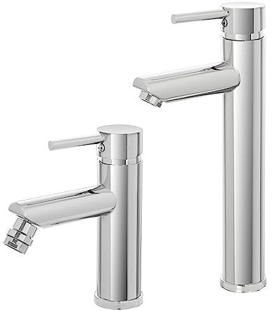 Inbagno Set miscelatori lavabo Alto e Bidet monocomando, Cromato Lucido in Acciaio Inox, Inclusa piletta Click clack cromata, York