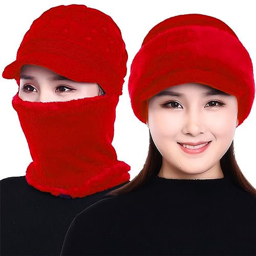 Rayson Cagoule Femme Hiver Tricoté Chaud Bonnet avec Cache Cou Doublé Polaire Unisexe Balaclava pour Ski Sports de Plein Air(Rouge)