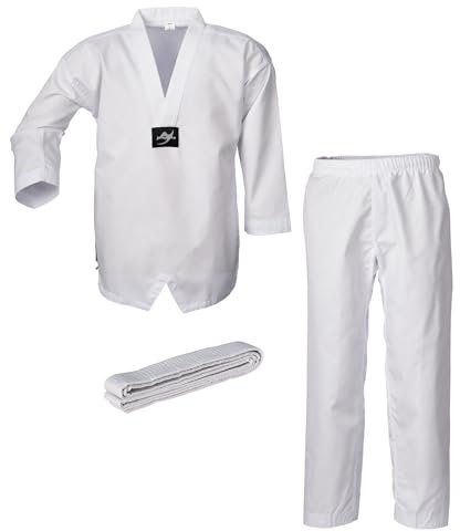 Ju-Sports Taekwondo Anzug Bonsai pro Weiß 110 I Dobok Taekwondo speziell für Kinder & Einsteiger I Taekwondo Kimono inkl. weißem Gürtel I Hose mit Kickzwickel I 100% Baumwolle