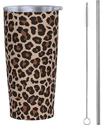 RFSHOP Reise-Kaffeebecher mit Leopardenmuster, 590 ml, Becher mit Deckel und Strohhalm, auslaufsicher, Thermobecher aus Edelstahl für heiße/kalte Getränke