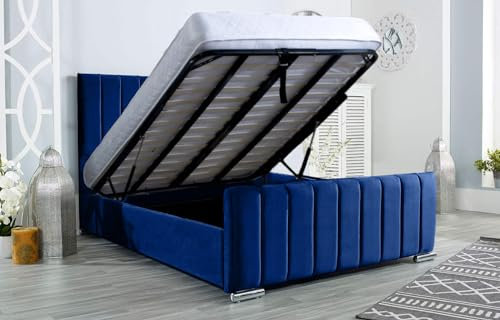 AuGold Beds Upholstered Ottoman Bed 5FT King – Parliament Blue Plush King Size Bed Frame with Headboard, Footboard & Lift-Up Storage Base – Durable Modern Design for Stylish Compact Bedrooms