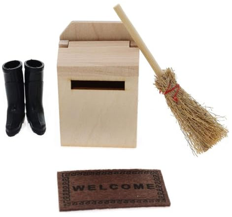 CPSYTE 4-teiliges Set Miniatur Puppenhaus Zubehör Mini Holzbriefkasten Besen Tischdecke Schuhe Puppenstube Micro Landschaft Ornament Möbel Deko, Puppenhauseinrichtung